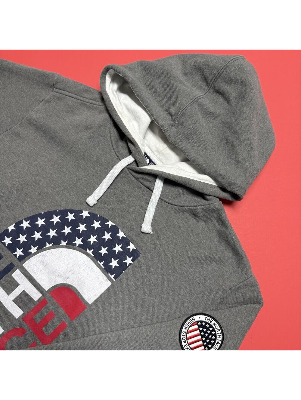 The North Face American Flag USA Hoodie Gray Embroidered Logo Men’s Medium